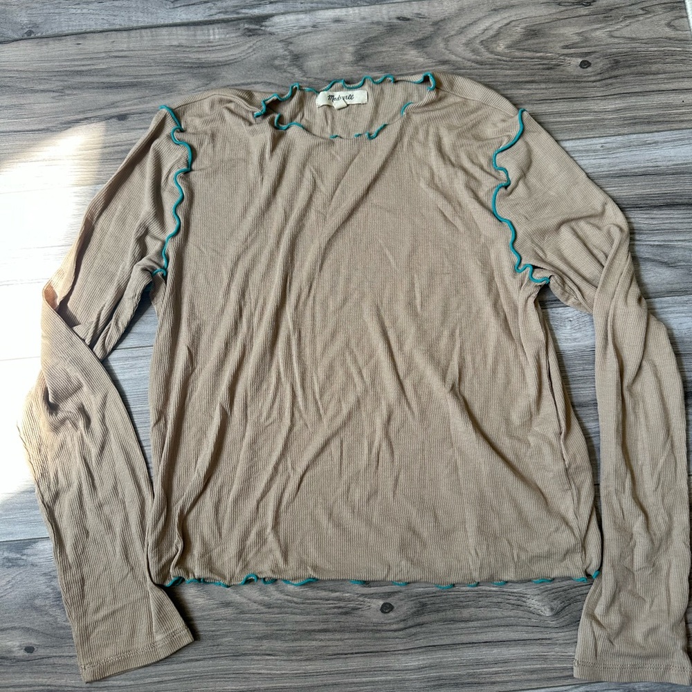 Madewell Ribbed Long Sleeve Lightweight Tan Top with Teal Ruffled Trim Size S